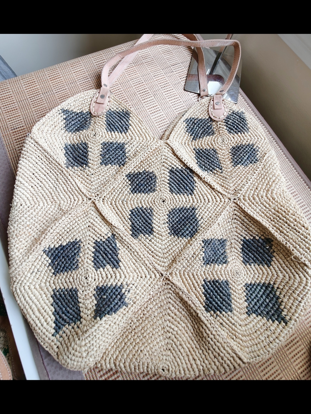 Handwoven raffia Straw Tote Bag with Gray Accent - Picture 7 of 13